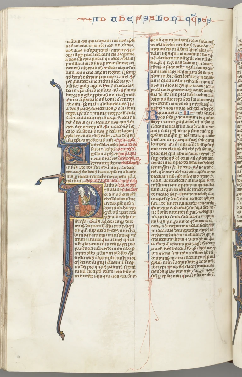 Fol. 455v, Thessalonians II, historiated initial P, Paul seated with a sword, talking to the bust of God above by Unknown, book, 1270-1300