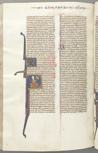 Fol. 455v, Thessalonians II, historiated initial P, Paul seated with a sword, talking to the bust of God above by Unknown, book, 1270-1300