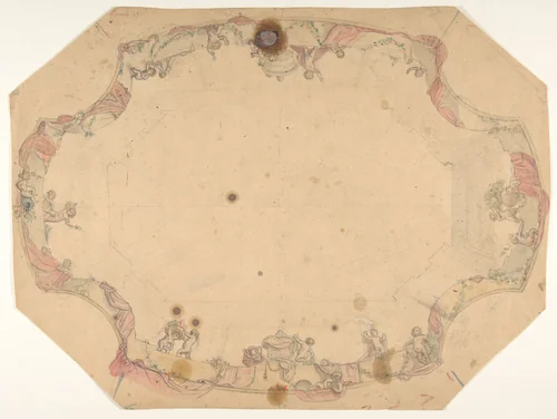 Design for a ceiling painted with putti, garlands, and swags by Jules-Edmond-Charles Lachaise, drawing, 1850-1900