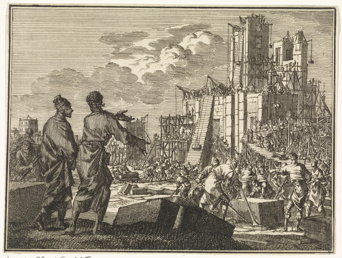 Wederopbouw van de Tempel te Jeruzalem by Jan Luyken, print, 1712