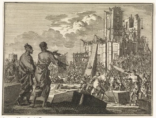 Wederopbouw van de Tempel te Jeruzalem by Jan Luyken, print, 1712