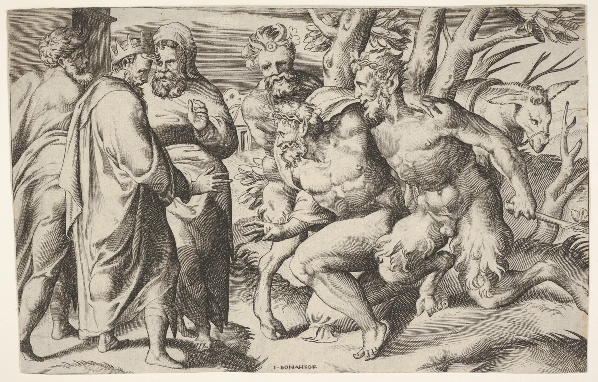 Two satyrs leading Silenus to King Midas, who stands at left with two male attendants, a mule trails behind the satyrs by Giulio Bonasone, print, 1550-1580