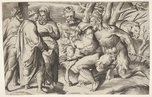 Two satyrs leading Silenus to King Midas, who stands at left with two male attendants, a mule trails behind the satyrs by Giulio Bonasone, print, 1550-1580
