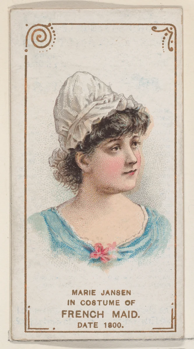 Marie Jansen in costume of French maid in 1800, from the set Actors and Actresses, First Series (N70) for Duke brand cigarettes by W. Duke, Sons & Co., print, 1888-1889