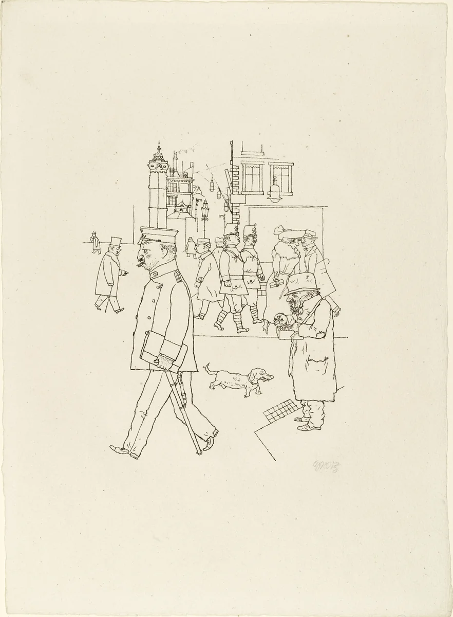 Matchseller and Patrol from In the Shadows (Im Schatten) by George Grosz, print, 1920