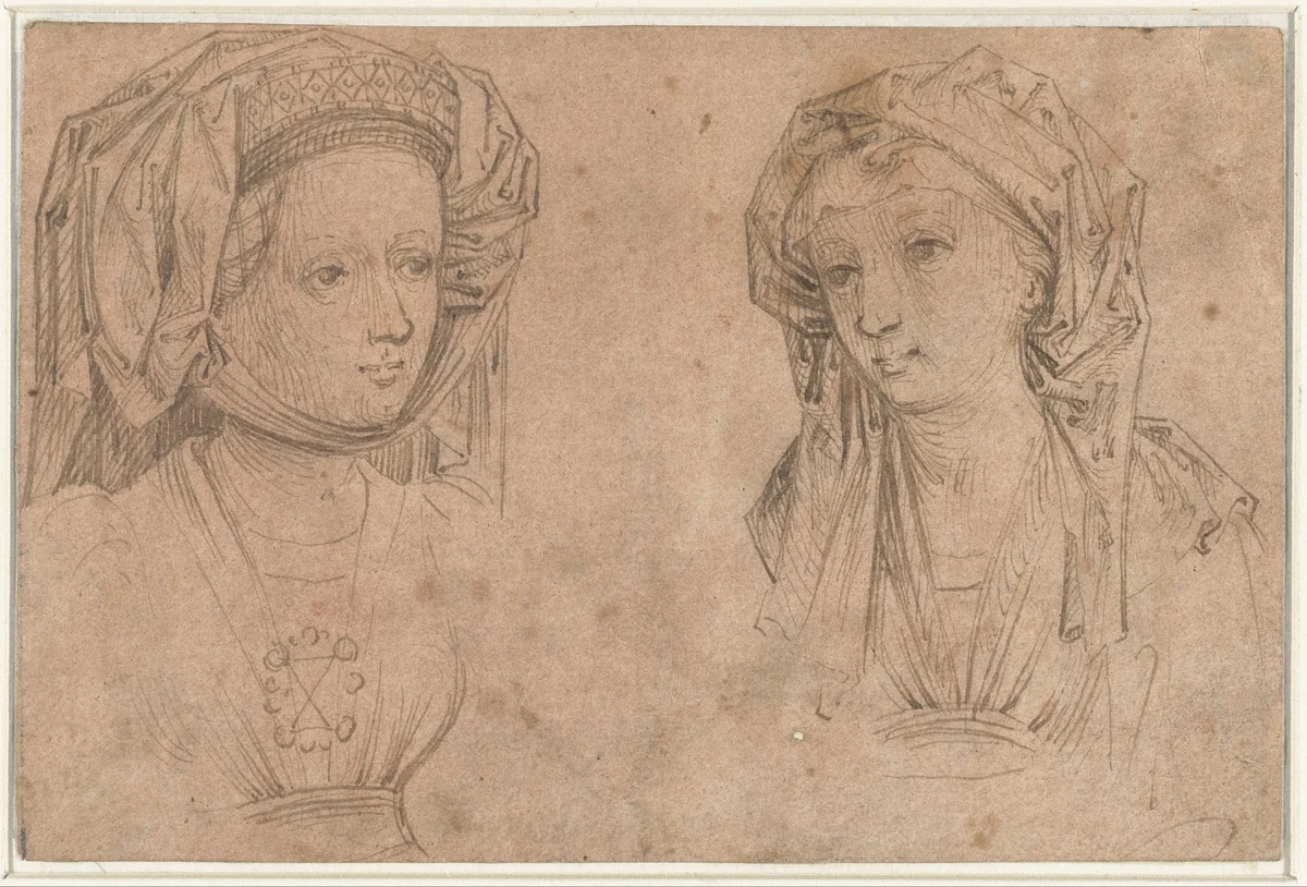 Twee vrouwenhoofden by Unknown, drawing, 1456