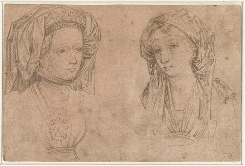 Twee vrouwenhoofden by Unknown, drawing, 1456