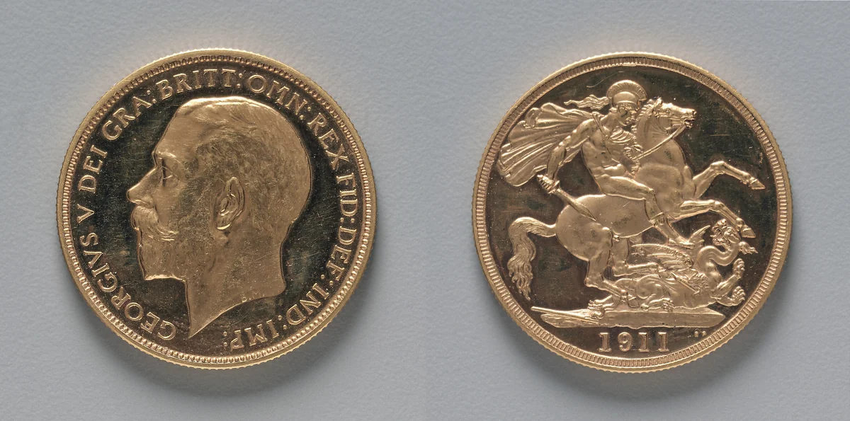 Two Pound Piece: George V (obverse); St. George and the Dragon (reverse) by Bertram Mackennal, metalwork, 1911