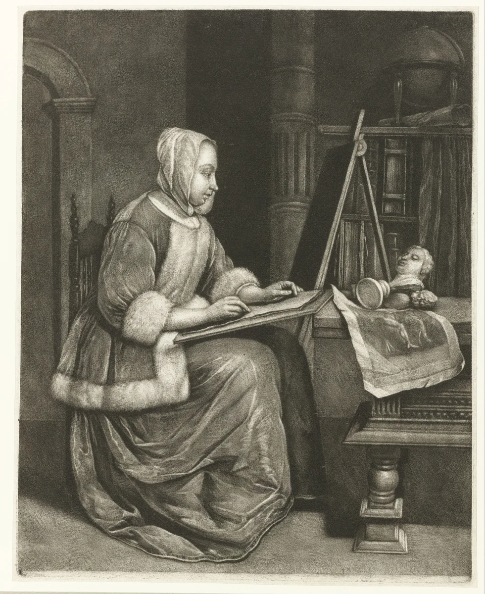 Tekenende vrouw by Wallerant Vaillant, print, 1658-1677