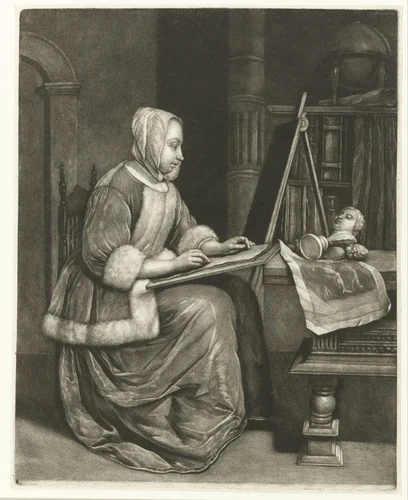 Tekenende vrouw by Wallerant Vaillant, print, 1658-1677