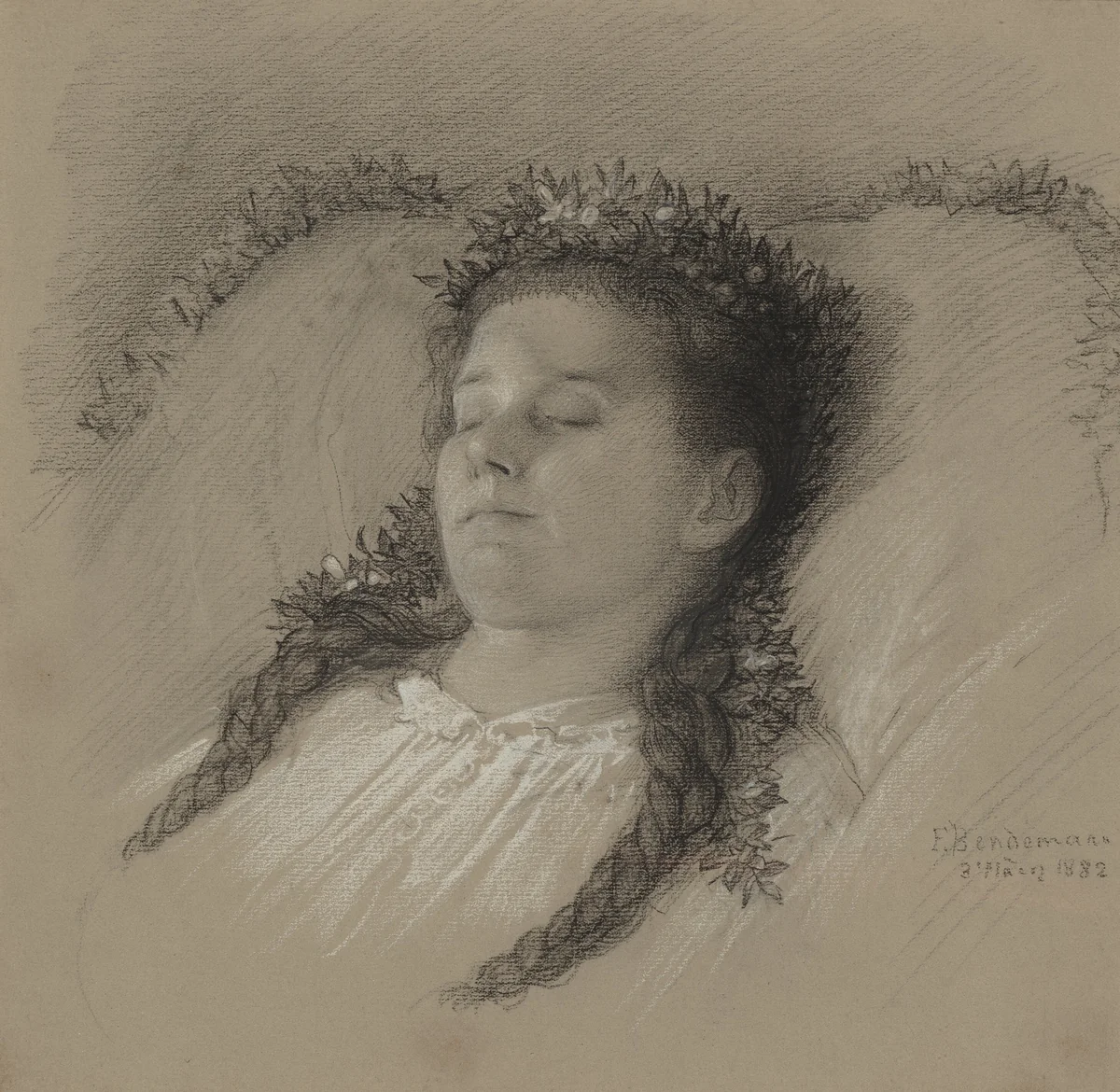 A Girl on Her Deathbed with a Crown of Flowers by Eduard Julius Friedrich Bendemann, drawing, 1882