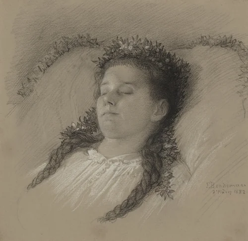 A Girl on Her Deathbed with a Crown of Flowers by Eduard Julius Friedrich Bendemann, drawing, 1882