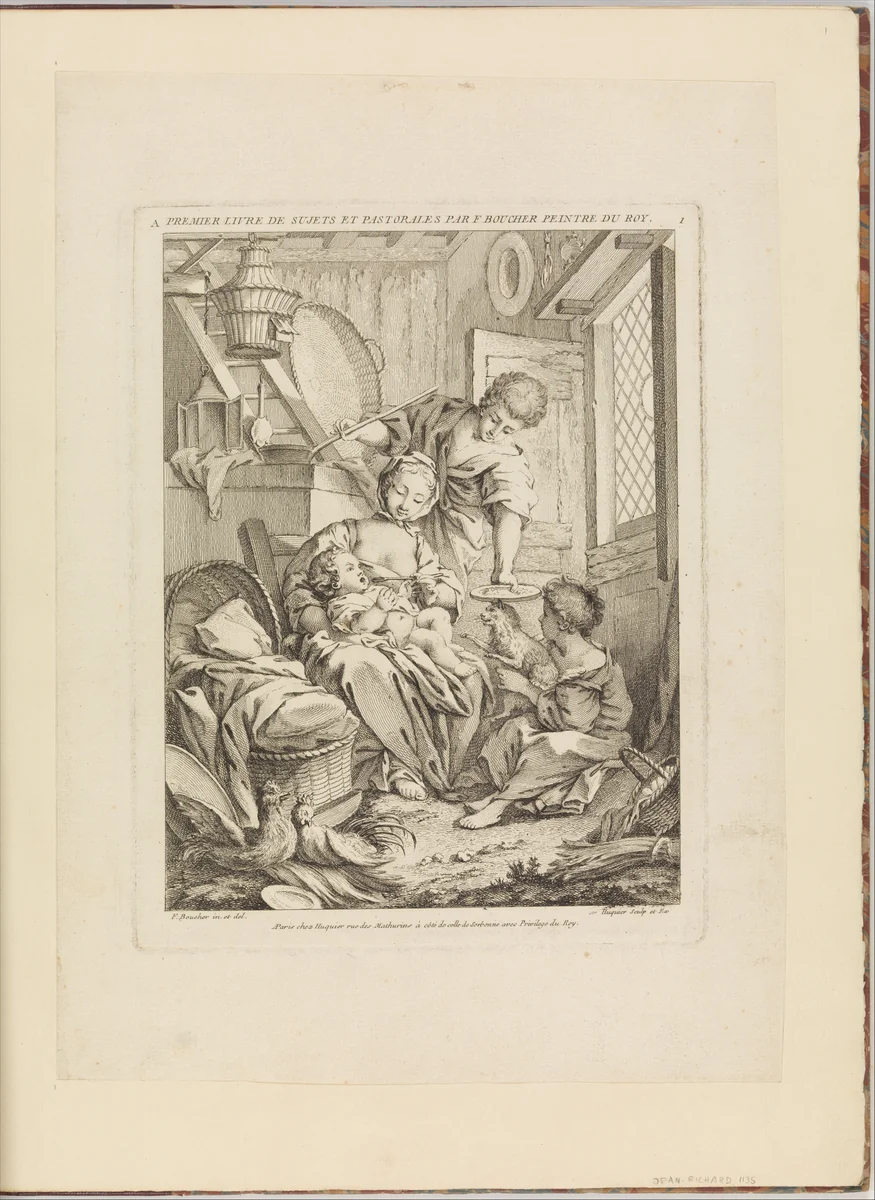 Plate 1: Young Woman Feeding her Infant, from Premier Livre de Sujets et Pastorales (First Book of Subjects and Pastorals) by Gabriel Huquier, print, 1720-1772