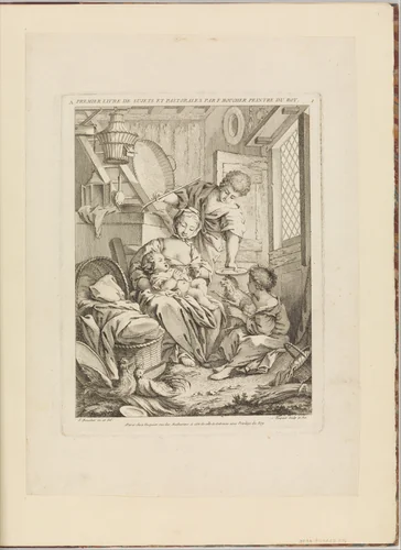 Plate 1: Young Woman Feeding her Infant, from Premier Livre de Sujets et Pastorales (First Book of Subjects and Pastorals) by Gabriel Huquier, print, 1720-1772