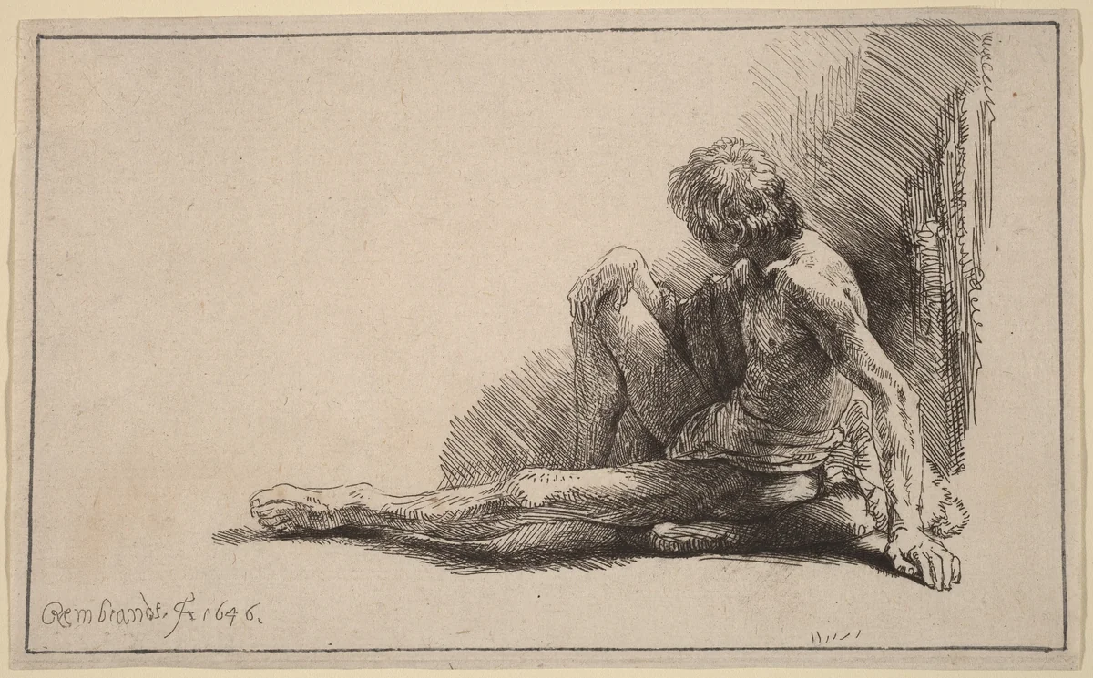 Nude Man Seated on the Ground with One Leg Extended by Rembrandt van Rijn, print, 1646