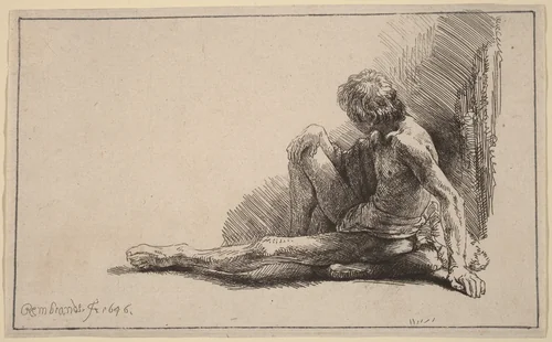 Nude Man Seated on the Ground with One Leg Extended by Rembrandt van Rijn, print, 1646