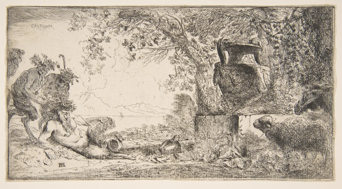Pan reclincing near a large vase set in a landscape by Giovanni Benedetto Castiglione, print, 1635-1655