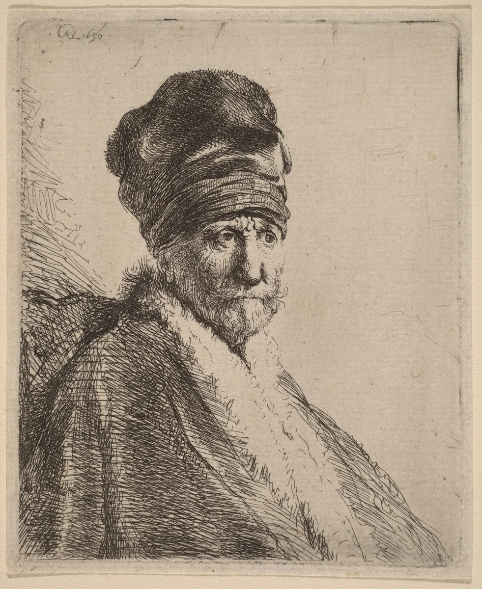 Bust of a Man Wearing a High Cap, Three-Quarters Right (The Artist's Father?) by Rembrandt van Rijn, print, 1630