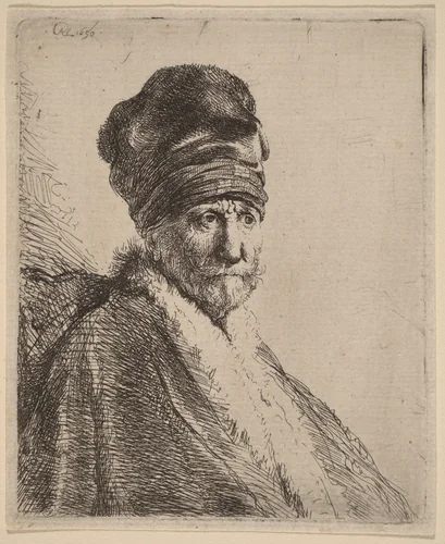 Bust of a Man Wearing a High Cap, Three-Quarters Right (The Artist's Father?) by Rembrandt van Rijn, print, 1630