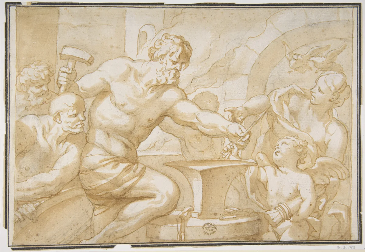 Venus and Cupid in Vulcan's Forge by Domenico Piola, drawing, 1627-1703