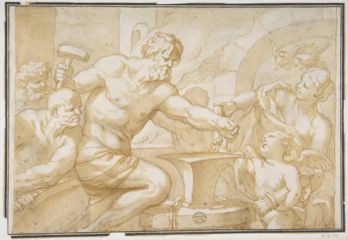 Venus and Cupid in Vulcan's Forge by Domenico Piola, drawing, 1627-1703