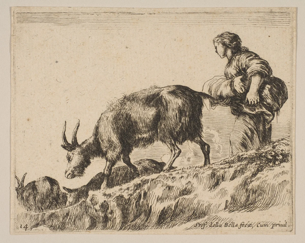 Plate 14: Shepherdess herding goats, from "Various animals" (Diversi animali) by Stefano della Bella, print, 1636-1646
