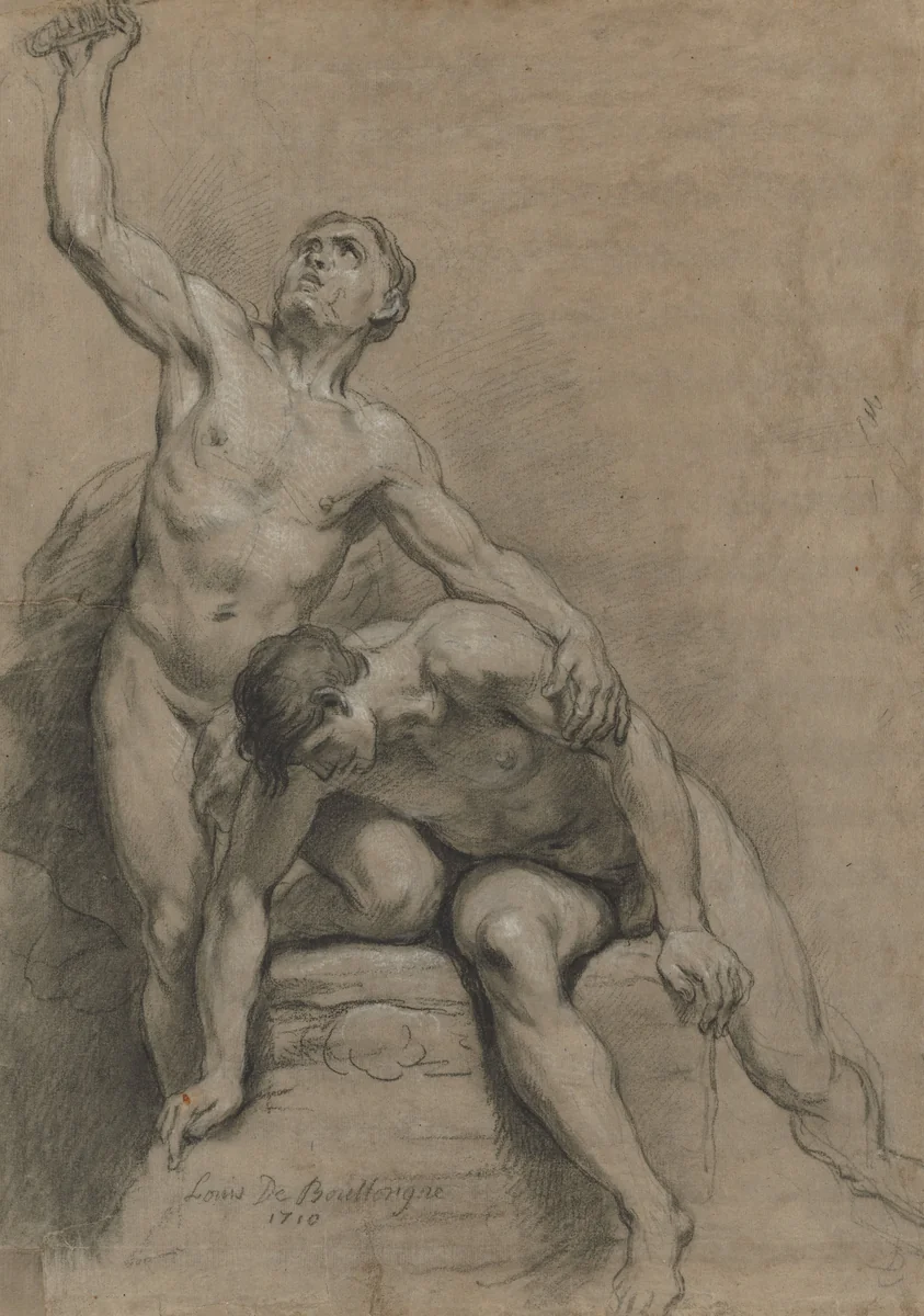 Two Male Nudes by Louis de Boullogne, drawing, 1710