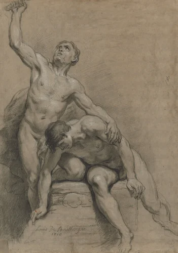Two Male Nudes by Louis de Boullogne, drawing, 1710