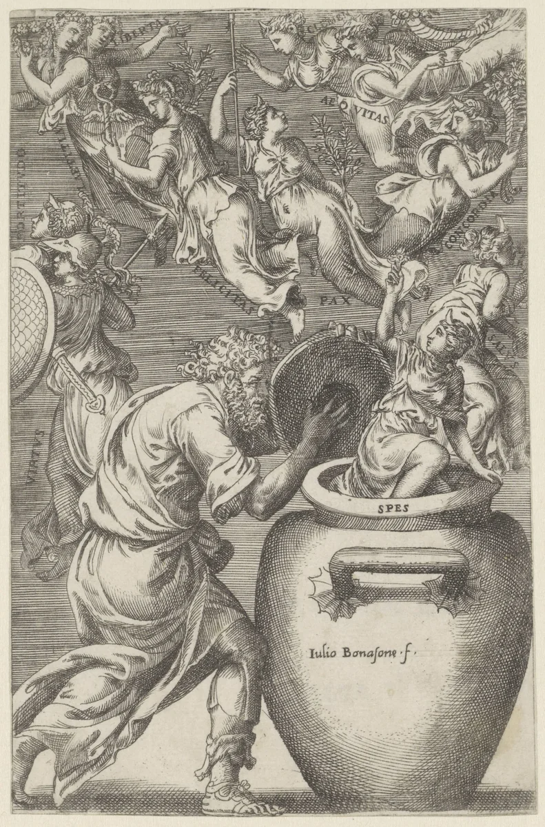 Epimetheus opent de urn van Pandora by Unknown, print, 1501-1580