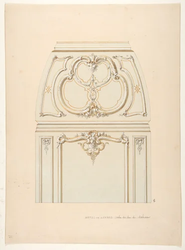 Design for Rococco-style wall and cove ornament in the salon of the Hotel de Luynes, owned by the Duc de Sabran by Jules-Edmond-Charles Lachaise, drawing, 1850-1900