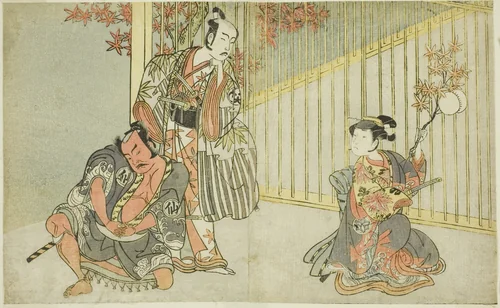 The Actors Yamashita Kinsaku II as Mutsuhana (right), Bando Mitsugoro I as Kashiwagi no Emon (center), and Nakamura Sukegoro II as Akamatsu Mushanosuke (left), in the Play Fuki Kaete Tsuki mo Yoshiwara (Rethatched Roof: The Moon also Shines Over the Yoshiwara Pleasure District), Performed at the Morita Theater in the Eleventh Month, 1771 by Katsukawa Shunsho (勝川 春章), print, 1766-1777