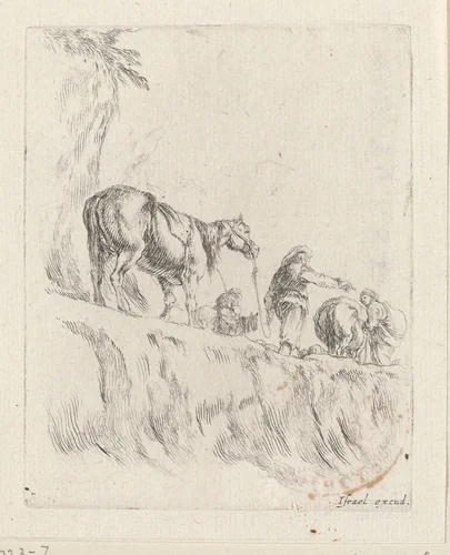 Reizigers leiden hun paarden langs een afgrond by Stefano della Bella, print, 1620-1664