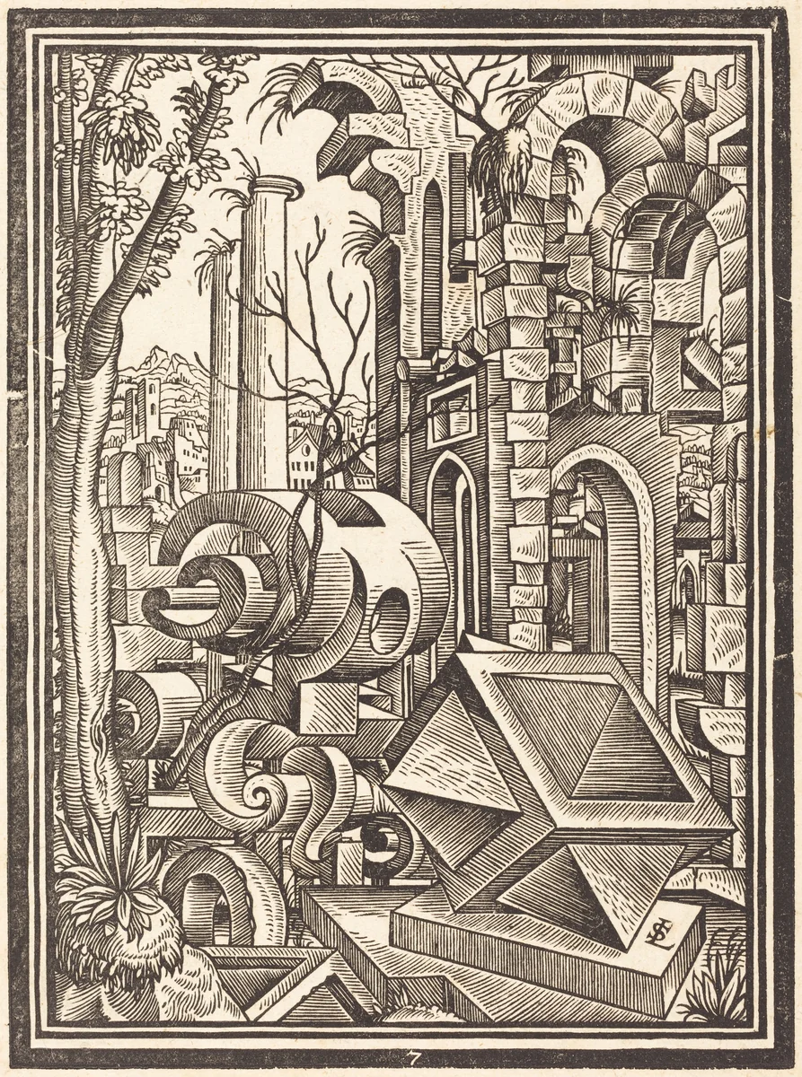 Fantasy of Perspectival Forms Set among Ruins by Lorenz Stör, print, 1530-1621