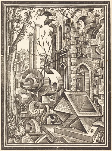 Fantasy of Perspectival Forms Set among Ruins by Lorenz Stör, print, 1530-1621