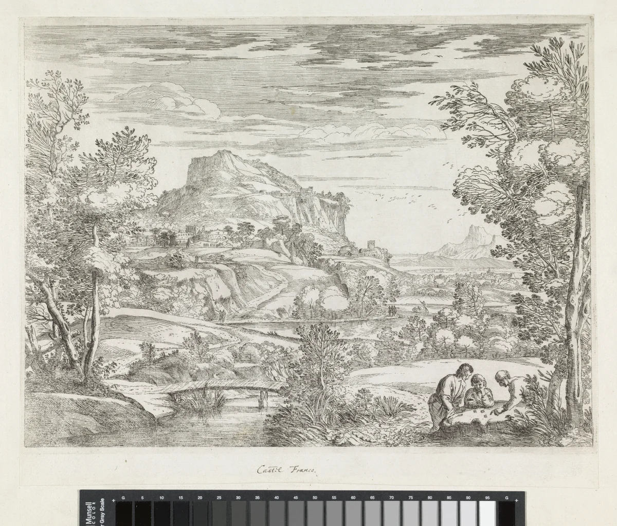 Landschap met drie dobbelende mannen by Giovanni Francesco Grimaldi, print, 1616-1680