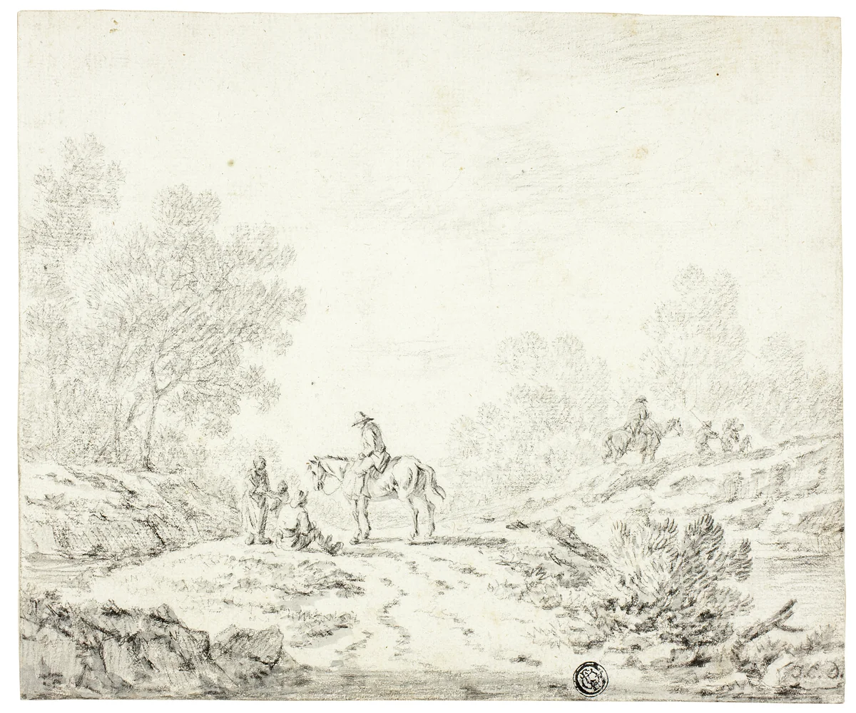 Travellers in a Landscape by Johann Christophe Dietzsch, drawing, 1642-1769