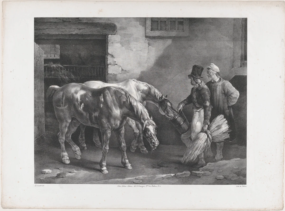 Two Post Horses at the Door of a Stable by Théodore Gericault, print, 1822