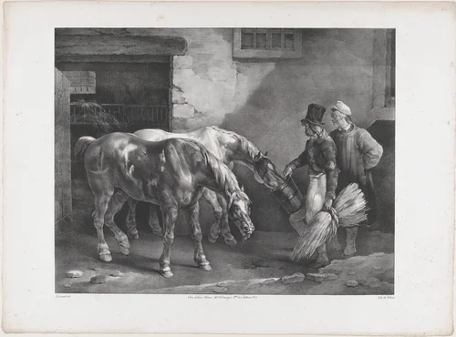 Two Post Horses at the Door of a Stable by Théodore Gericault, print, 1822