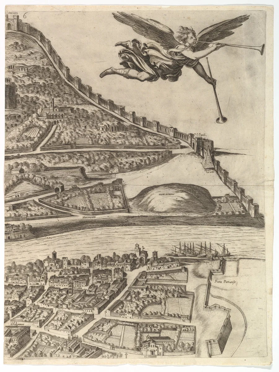Plan of the City of Rome. Part 6 with the Aurelian city wall, the Porta Portuensis (Ostiensis?) and the Sepulcre of Caius Cestius. by Antonio Tempesta, print, 1645