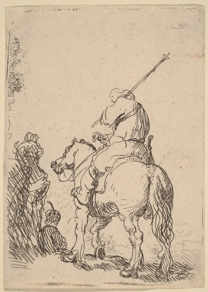Turbaned Soldier on Horseback by Rembrandt van Rijn, print, 1632