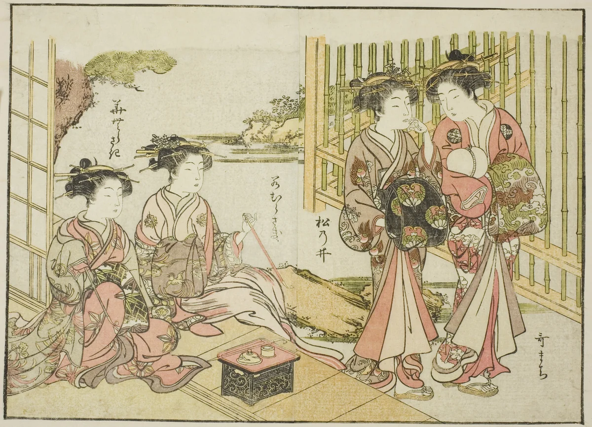 Courtesans of the Matsubaya, from the book "Mirror of Beautiful Women of the Pleasure Quarters (Seiro bijin awase sugata kagami)," vol. 1 by Katsukawa Shunsho (勝川 春章), print, 1776
