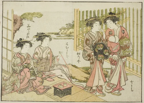 Courtesans of the Matsubaya, from the book "Mirror of Beautiful Women of the Pleasure Quarters (Seiro bijin awase sugata kagami)," vol. 1 by Katsukawa Shunsho (勝川 春章), print, 1776