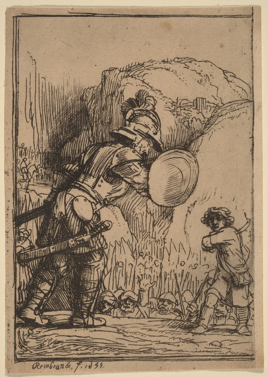 David and Goliath by Rembrandt van Rijn, print, 1655