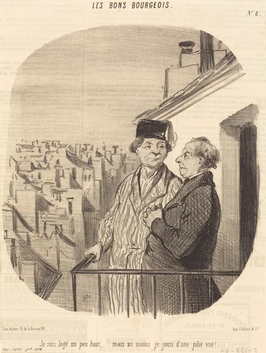 Je suis logé un peu haut... mais... je jouis d'une jolie vue! by Honoré Daumier, print, 1846