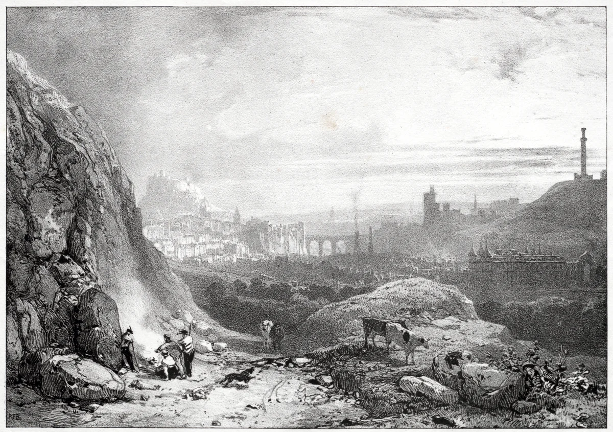 Edinburgh from St. Anthony Chapel by Richard Parkes Bonington, print, 1826