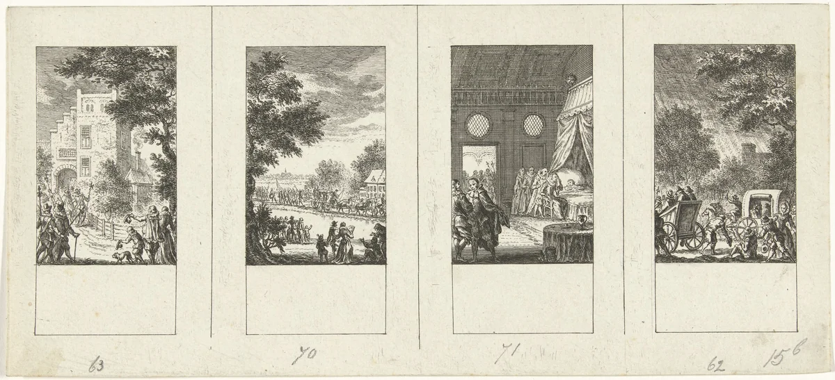 Vier episodes uit de vaderlandse geschiedenis by Simon Fokke, print, 1722-1784