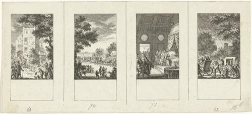 Vier episodes uit de vaderlandse geschiedenis by Simon Fokke, print, 1722-1784
