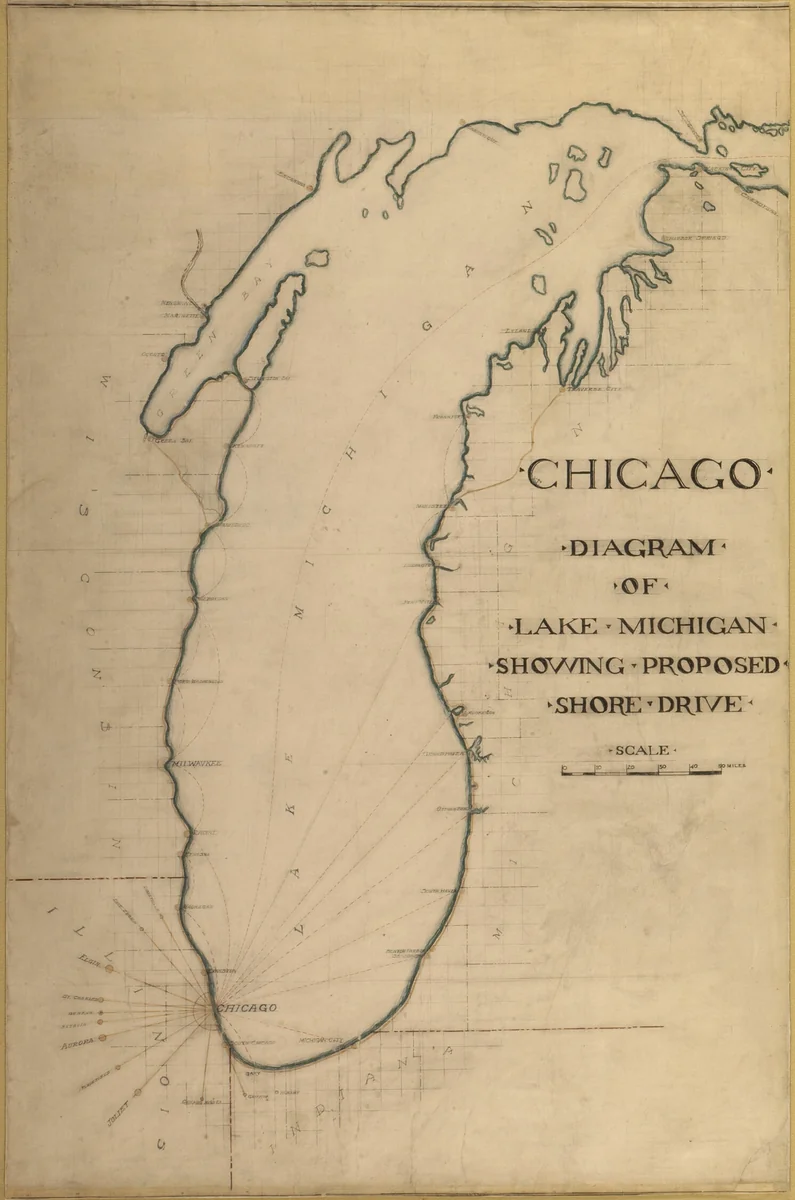 Plate 35 from Plan of Chicago 1909: Chicago, and Diagram of Lake Michigan. Proposed Roadway to connect all the towns along the shores of the Lake. by Daniel Hudson Burnham
Edward Herbert Bennett, drawing, 1909