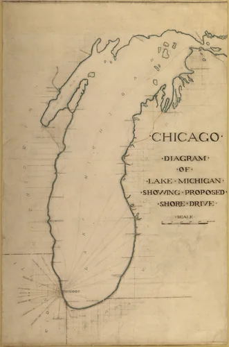 Plate 35 from Plan of Chicago 1909: Chicago, and Diagram of Lake Michigan. Proposed Roadway to connect all the towns along the shores of the Lake. by Daniel Hudson Burnham
Edward Herbert Bennett, drawing, 1909