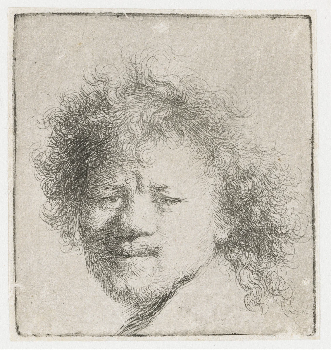 Self-portrait with long bushy hair: head only by Rembrandt van Rijn, print, 1631
